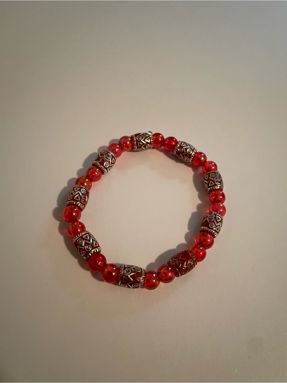 Red Beaded Stretch Bracelet with Silver Accent Beads